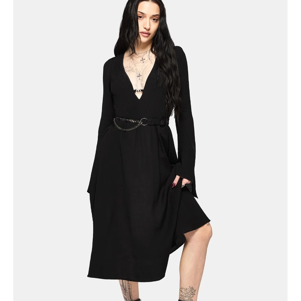 NWT Disturbia Black Millicent Chain Front Long Sleeve Midi Dress V Neck Flowy
